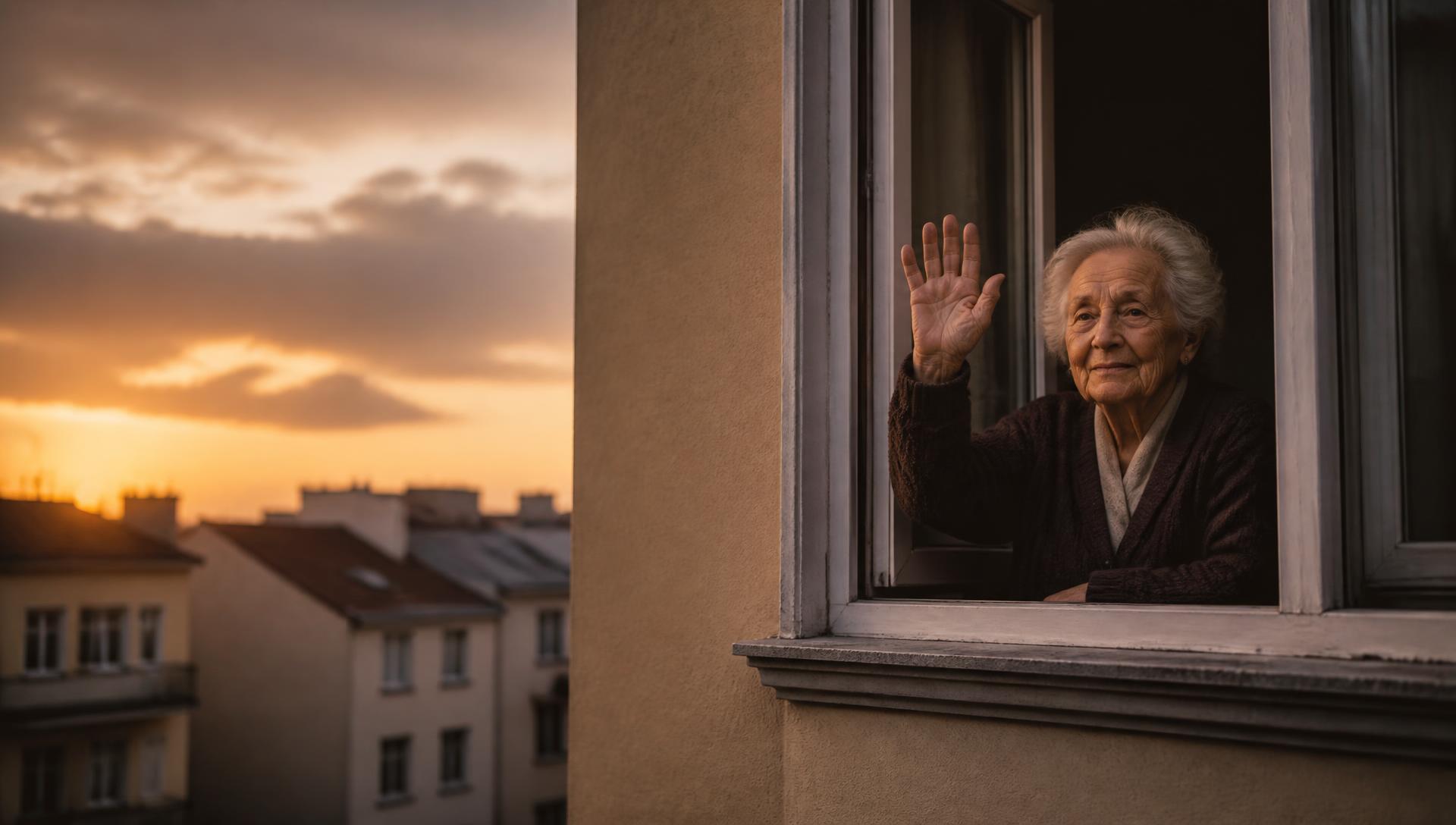 Senolė moja ranka pro langą vakaro šviesoje